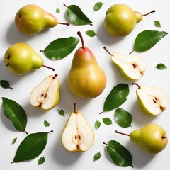 Pear fruits with green leaves on white background. Top view