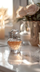 Chic Perfume Bottle on a Sunlit Window Sill with Elegant Roses, Creating a Serene Ambiance