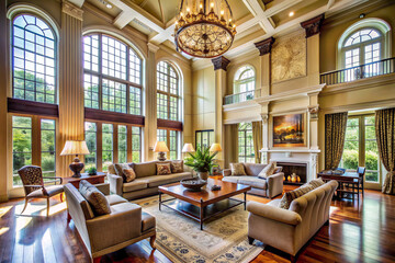 Living room with high ceilings and architectural features living room with high ceilings and architectural features