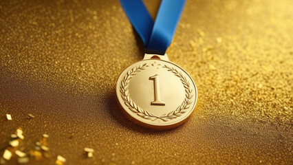 Gold medal on blurred shiny background, winner medal at olympiad or championship