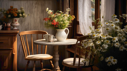 A cozy corner of a cafe furnished with a charming white rattan chr and a vintage bistro table, adorned with a vase of wildflowers, evoking a rustic countryside ambiance