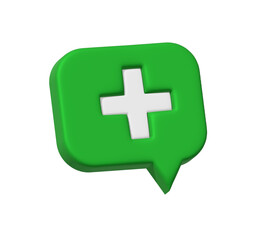 Fototapeta premium Realistic 3d Green Speech bubble with Plus sign. Decorative square button icon, button symbol with education maths element. Abstract Plus sign illustration isolated on transparent background.