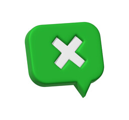 Obraz premium 3D Speech bubble with Multiplication sign icon, Green round shaped button. Disapprove or wrong choice. Mathematical, arithmetic symbol for working with calculations three-dimensional render.