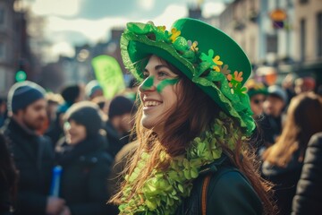 Obraz premium A young woman wearing a green hat and green beads celebrates St. Patrick's Day.