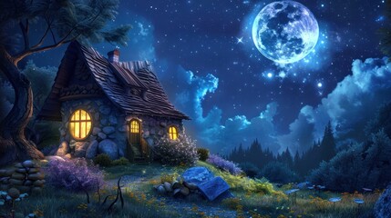 Obraz premium cartoon illustration of a view of a remote house at night. AI generated