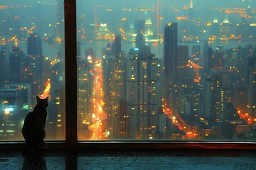 A black and white cat with bright green eyes sits elegantly in front of a window at night. The city lights cast a soft glow around the felines silhouette, creating a serene and magical scene