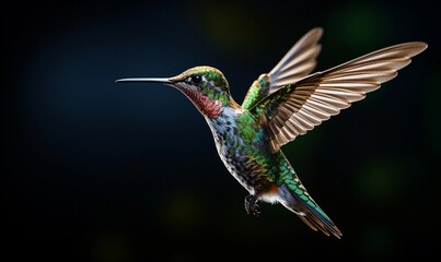 Fototapeta premium Vibrant hummingbird with shimmering feathers hovers in midair, showcasing its delicate wings against a dark, blurred background, highlighting the bird's exquisite colors and agile flight