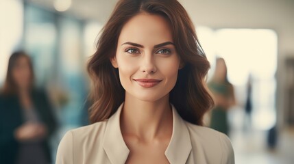 Fototapeta premium Confident businesswoman leader in office, smart executive looking at camera with pride