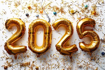 The number 2025 is surrounded by gold balloons.