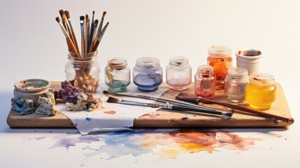 A variety of colorful paints and paint brushes scattered across a wooden tray