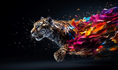Striking digital art piece blending a jaguar in midleap with vivid, flamelike abstract elements on a dark background, symbolizing power, speed, and beauty in a surreal representation