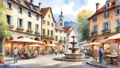 Fototapeta na wymiar Watercolor Illustration Of A Charming Village Squa Upscaled 2