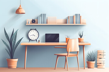interior design basic work desk, desk for making homeoffice, illustrated interior design  home dessk, home office workstation vintage style illustration