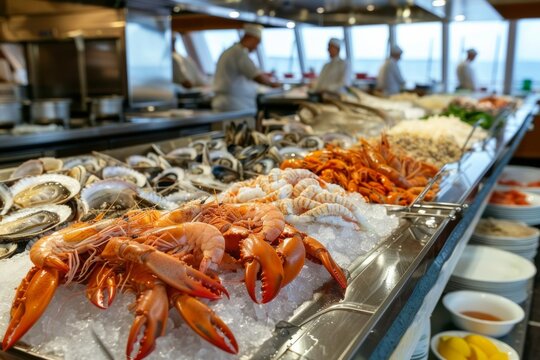 fresh seafood  buffet at restaurant on cruise ship