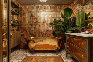 luxury premium maximalist interior bathroom in golden color wall tiles and bathtub