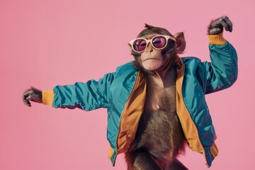 monkey dressed in 80s style clothes and dancing on pink background