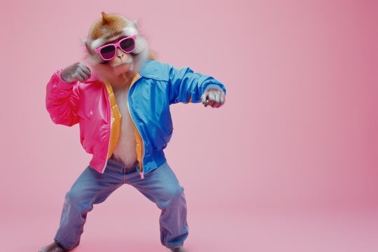 monkey dressed in 80s style clothes and dancing on pink background