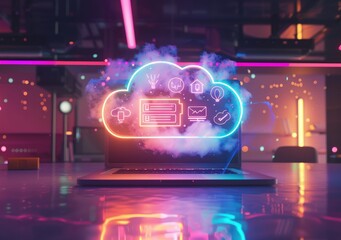 3D rendering of a glowing cloud with icons on a laptop. Generate AI image