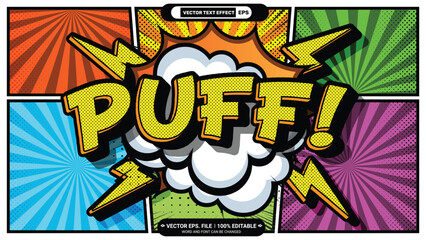 Puff pop art style comic 3d editable vector text effect with comic book backdrop illustration