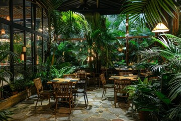 tropical interior of restaurant with lush green plants 