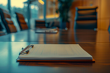 Closeup of notepad for agenda kept on table in empty corporate conference room before business meeting
