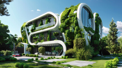 A futuristic eco-friendly house with vertical gardens covering its exterior walls