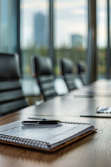 Closeup of notepad for agenda kept on table in empty corporate conference room before business meeting
