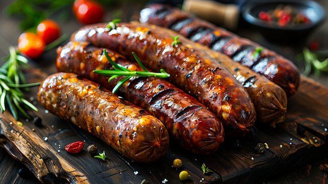 A plate of sausages with herbs and tomatoes.