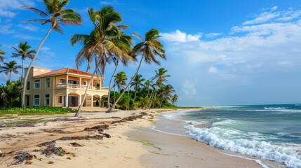 A luxurious beachfront villa with palm trees swaying in the breeze and the sound of waves crashing nearby
