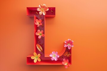 3D Render Letter L with Engraved Flowers on Orange Background
