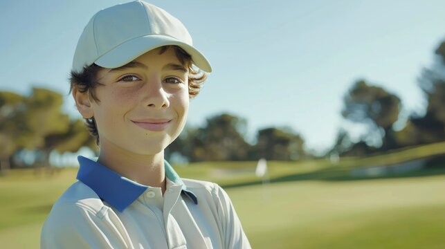 Cheerful caucasian child engaged in golf lesson, making eye contact on golf course