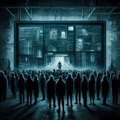 Group, dark silhouettes of zombie like people look at a large screen, a broken display with noise. The monitor explodes, one person stands out. Dark post-apocalyptic technology motif AI illustration.