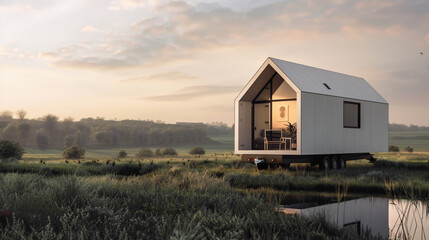 Obraz premium A minimalist tiny house on wheels, parked in a tranquil meadow