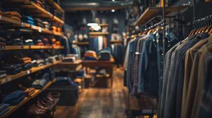 Luxurious interior of a men's clothing store with various apparel neatly displayed on racks and shelves