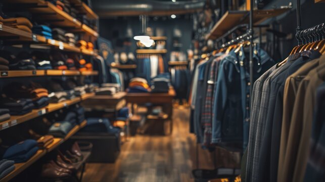 Luxurious interior of a men's clothing store with various apparel neatly displayed on racks and shelves - Powered by Adobe