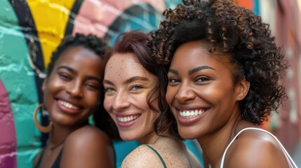 Fototapeta premium Trio of joyful women friends hugging and smiling in an urban setting with graffiti wall