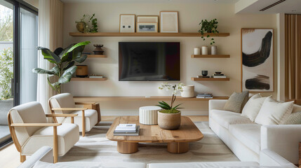 A modern living room with a nod to organic elements, centered around a sleek wood floating shelf adorned with botanical prints and natural accents, harmonizing with the contempora