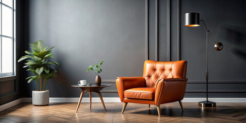 Modern Interior With Orange Colored Leather Armchair, Sconce, Coffee Table, And Gray Wall.
