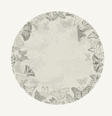 Background round frame with vintage beige butterflies. hand drawing. Not AI, Vector illustration