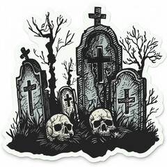 Cemetery, bright sticker on a white background