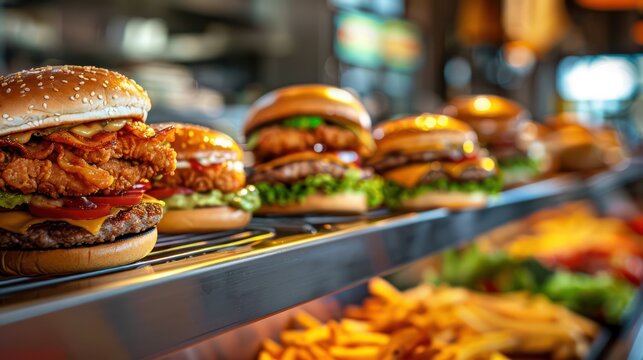 Mouth-watering selection of different burgers lined up in a diner, inviting and perfect for fast food