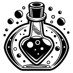 Black and White Line Art of a Love Potion in a Glass Bottle