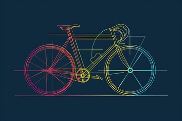 colorful bicycle contour on dark background, simple line drawing style, world bicycle day wallpaper, graphic transport card with copy space