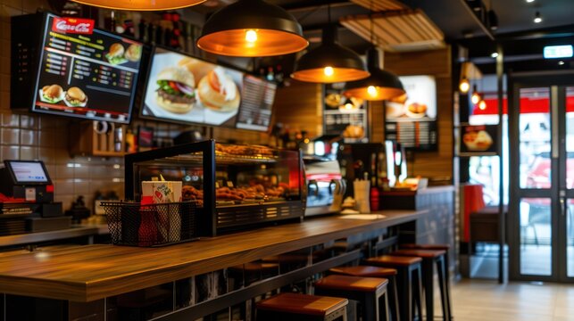 Modern and stylish fast food restaurant interior that invites customers into a comfortable and trendy dining experience