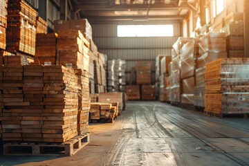 Wooden Boards Stacked and Ready for Shipment in Warehouse