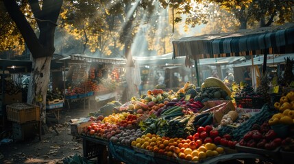 A vibrant and bustling farmers market with stalls filled. Generate AI image
