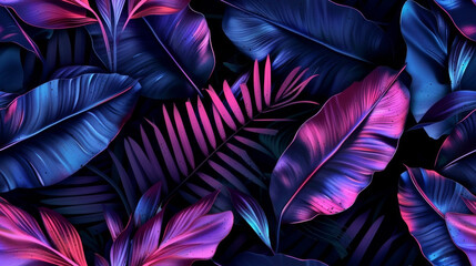 Vibrant Blue and Purple Palm Leaves Against a Black Backdrop