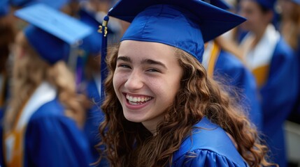 Close-up of a smiling female graduate in blue cap and gown at her graduation ceremony, expression of joy