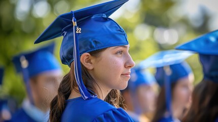 A thoughtful young woman in a blue graduation cap and gown gazes into the distance during the ceremony - Powered by Adobe
