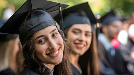 Two female graduates share a smile, wearing black academic gowns, during their graduation ceremony